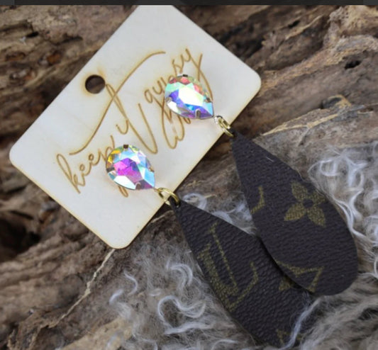 UPCYCLED LV EARRINGS WITH CRYSTALS - Tres Chic Trendz